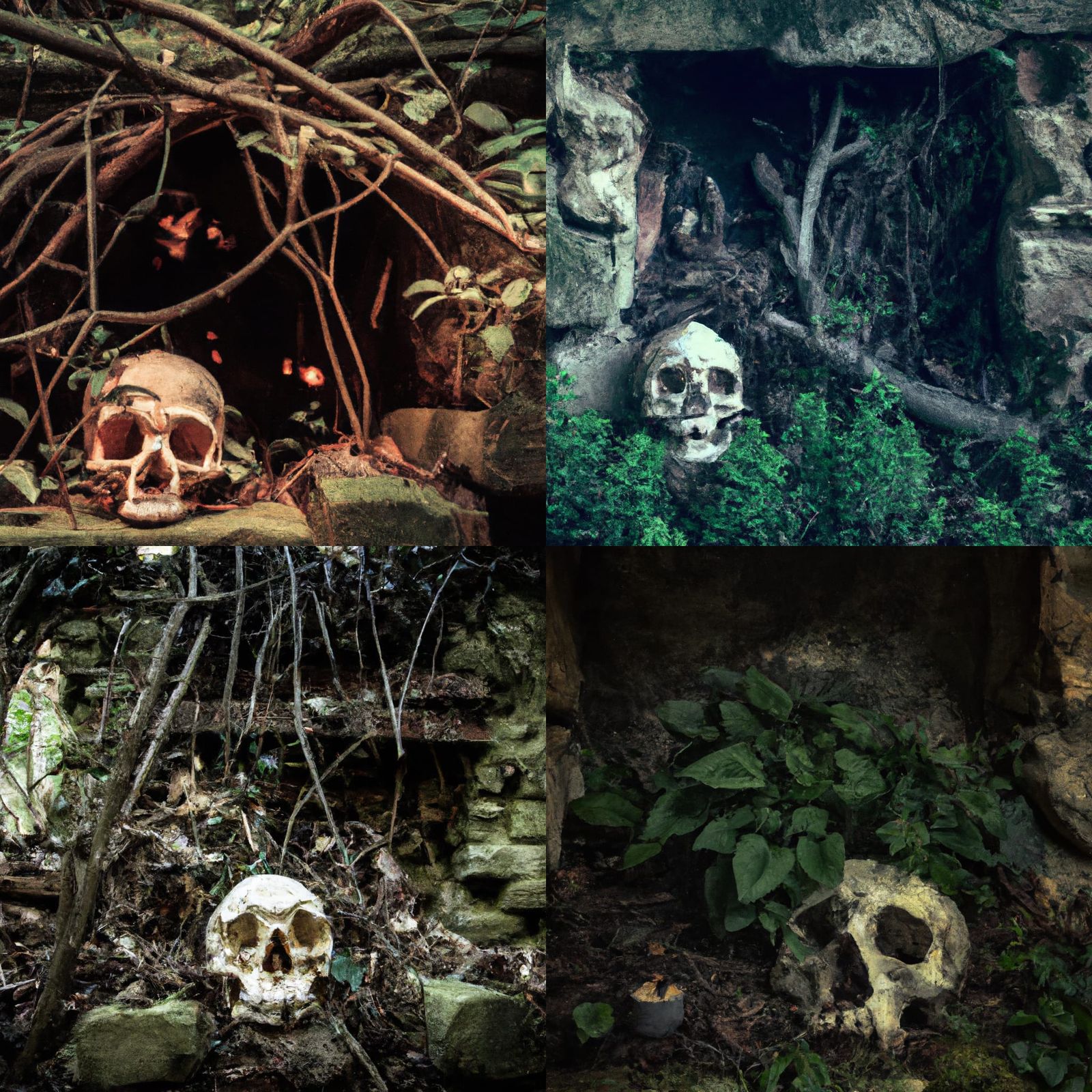 Dark art vampire skull inside  over grown fireplace in ruins.