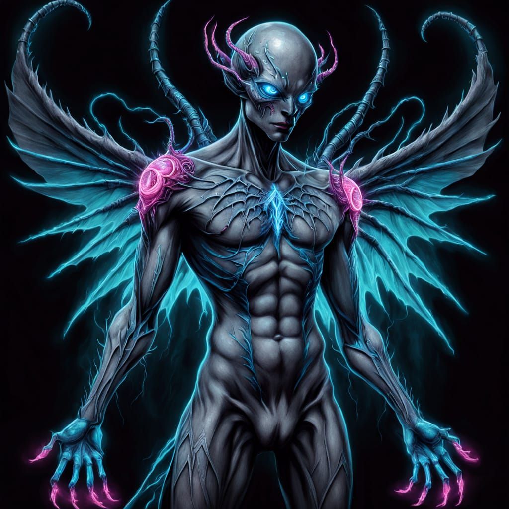 Slender Deep-Sea Deity with Neon Slime: Dark Fantasy Art