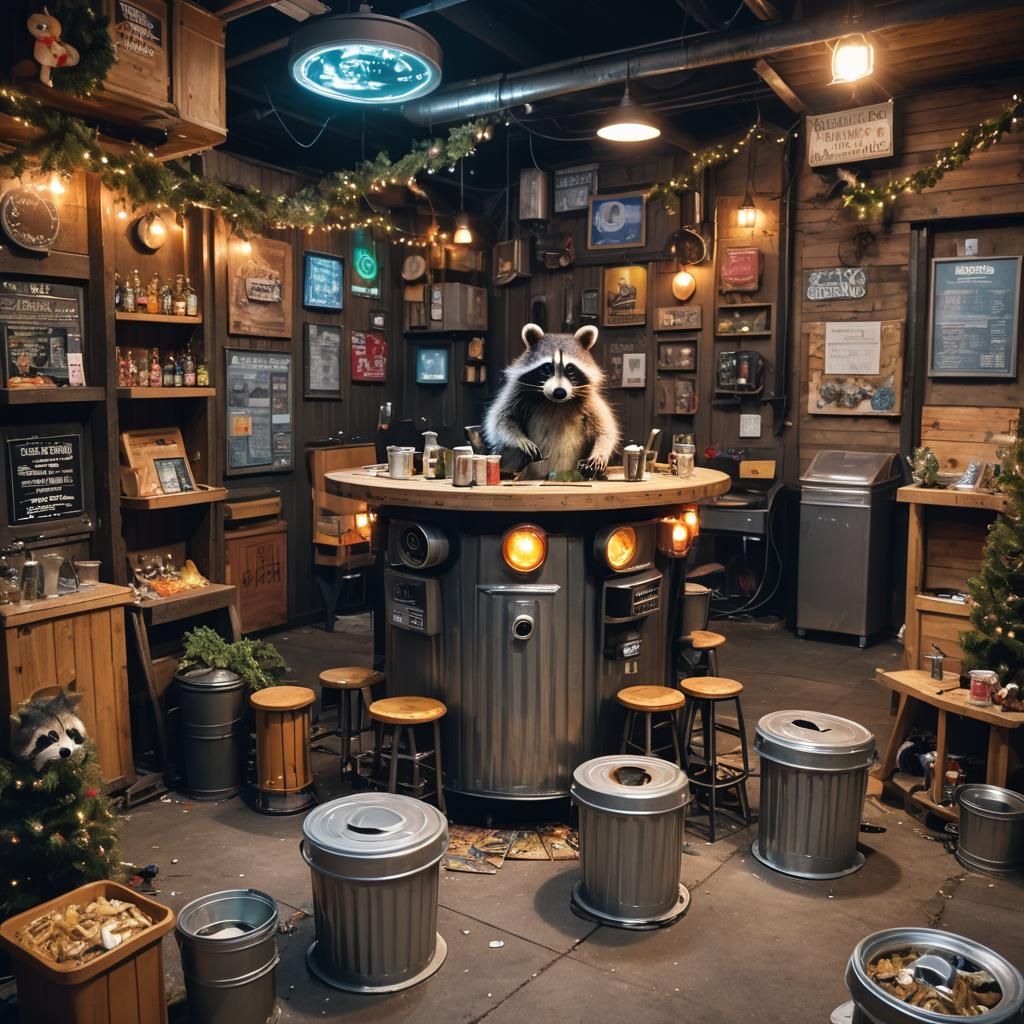 Trashpunk Raccoon Pub in Dumpster