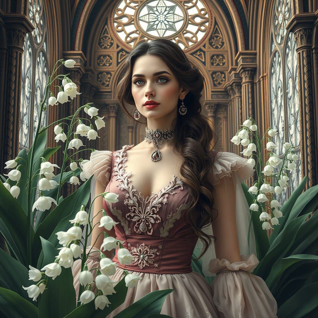 Gothic Bohemian Woman in Enchanted Lily of the Valley Paradi...