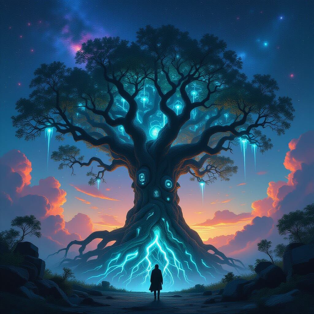 Ancient Tree With Bioluminescent Roots and Future Tech