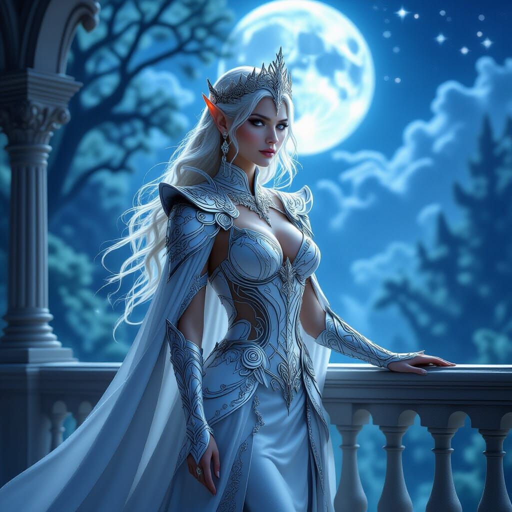 Regal Elven Queen in Silver Armor with Starlight Cloak