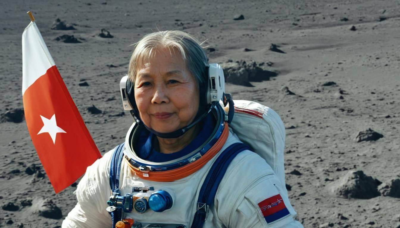 Astronaut Walks on Moon with Singapore Flag