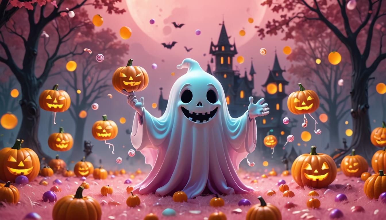 Cute Halloween Ghost with Pumpkins in 3D Digital Art