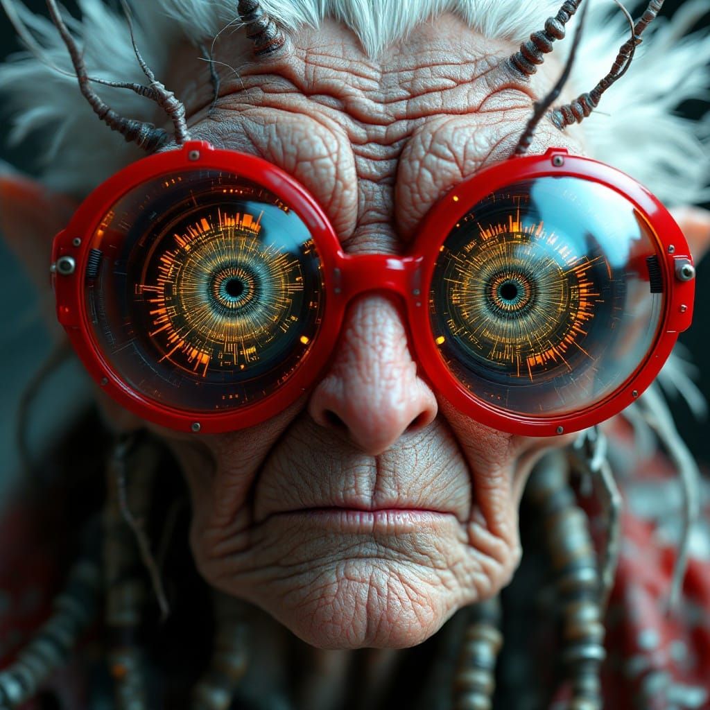 Featherish Crone with Cyberpunk Glasses