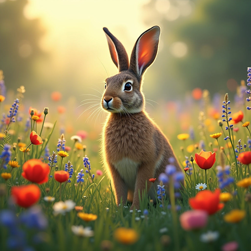 Hare in English Flower Meadow: Detailed Matte Painting