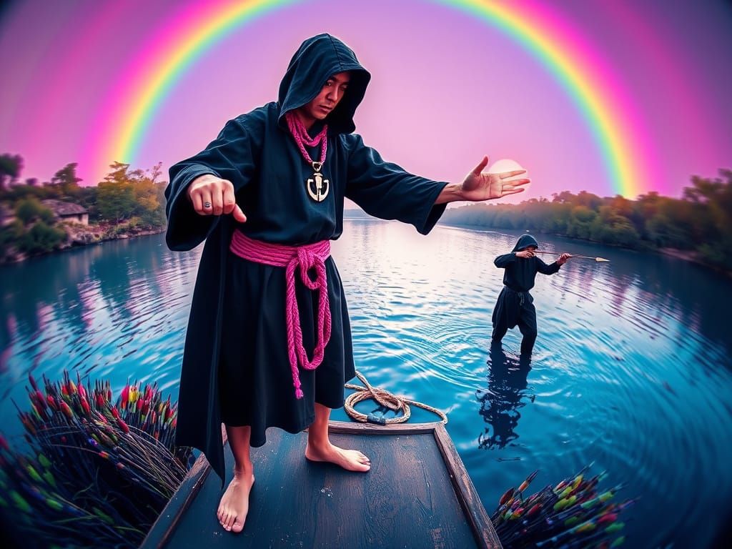 Monk Deflects Arrows with Force in Psychedelic River Scene