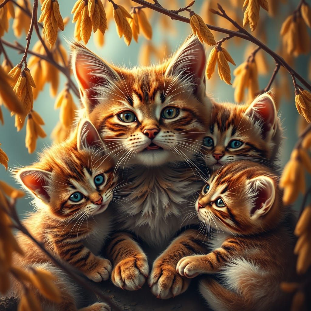 Mother Cat's Dramatic Rescue in a Whimsical Willow Scene