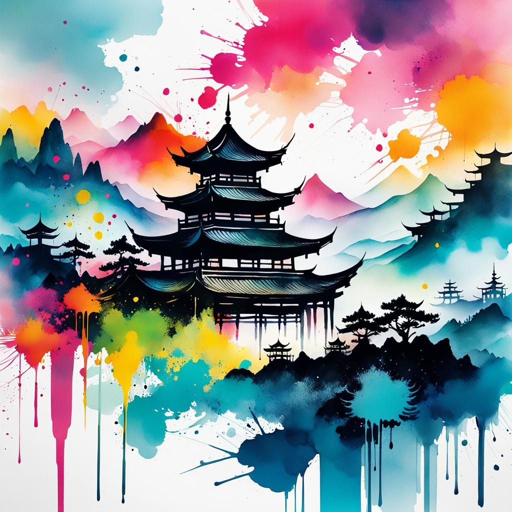 Serene Chinese Landscape in Ink Splatter Art