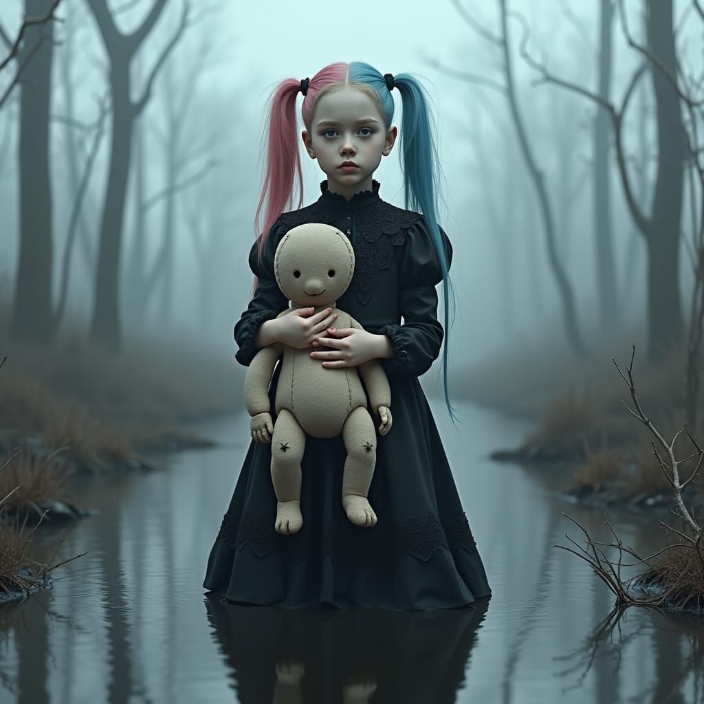 Eerie Gothic Girl in Misty Landscape with Voodoo Doll