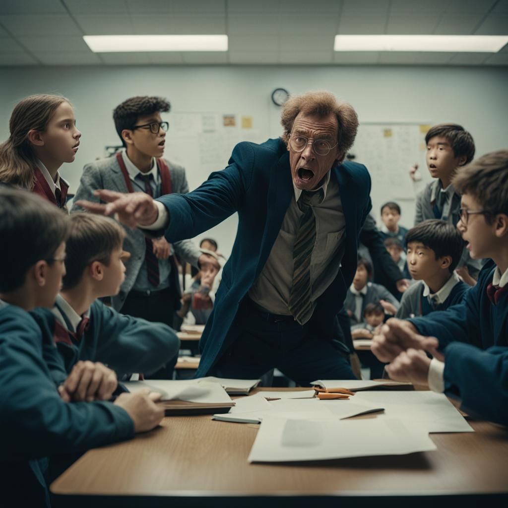 Dramatic Film Still of Students Overthrowing Professor