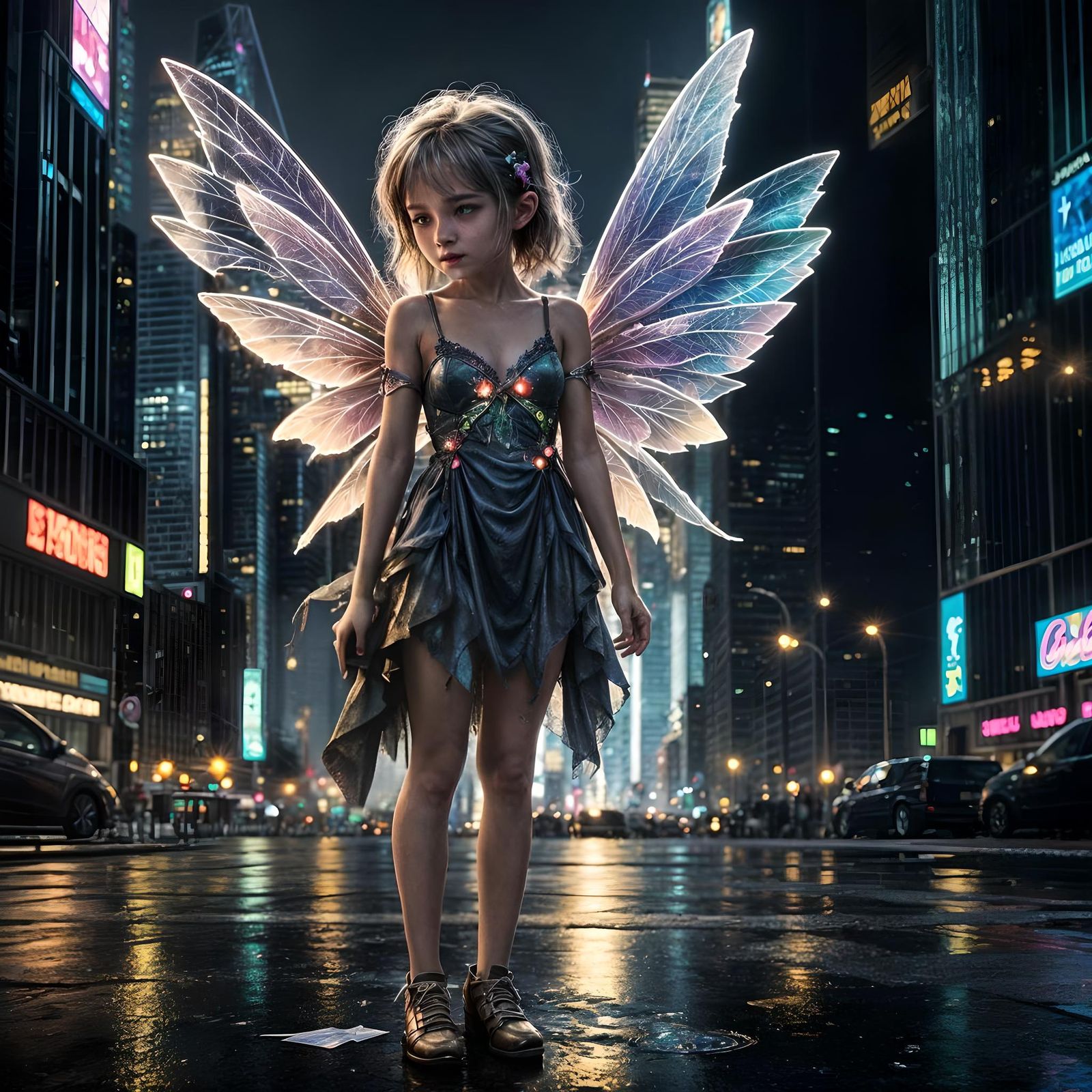 Lost Fairy in Neon Cityscape: Underground Comix Style