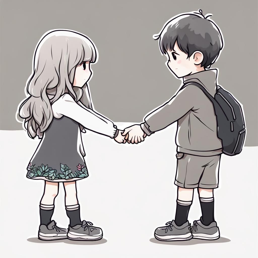 shychibi 5 year old boy and girl holding hands facing away from each other