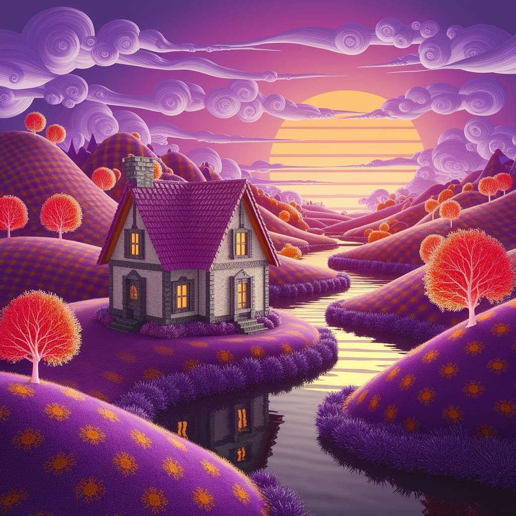 Fantasy Cottage in Whimsical Gingham Landscape