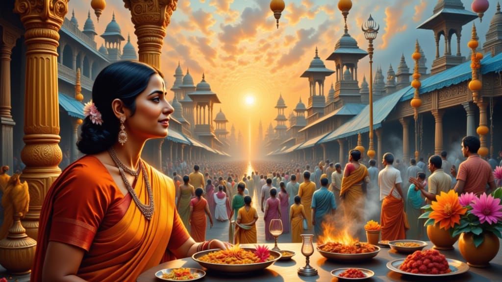 Woman Observes Indian Puja Ritual in Fusion Art Style