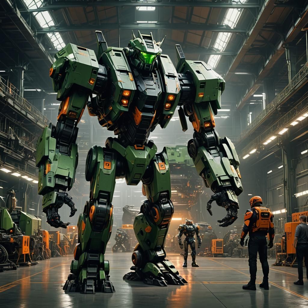 Green War Mecha in Sci-Fi Hangar: Digital Art