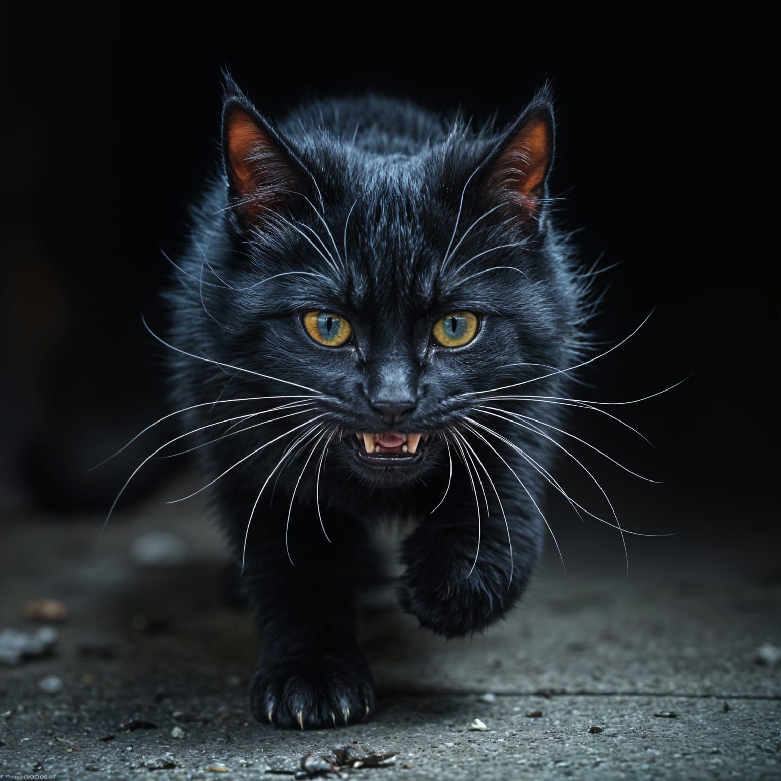 Menacing Black Cat Leaping from Shadows
