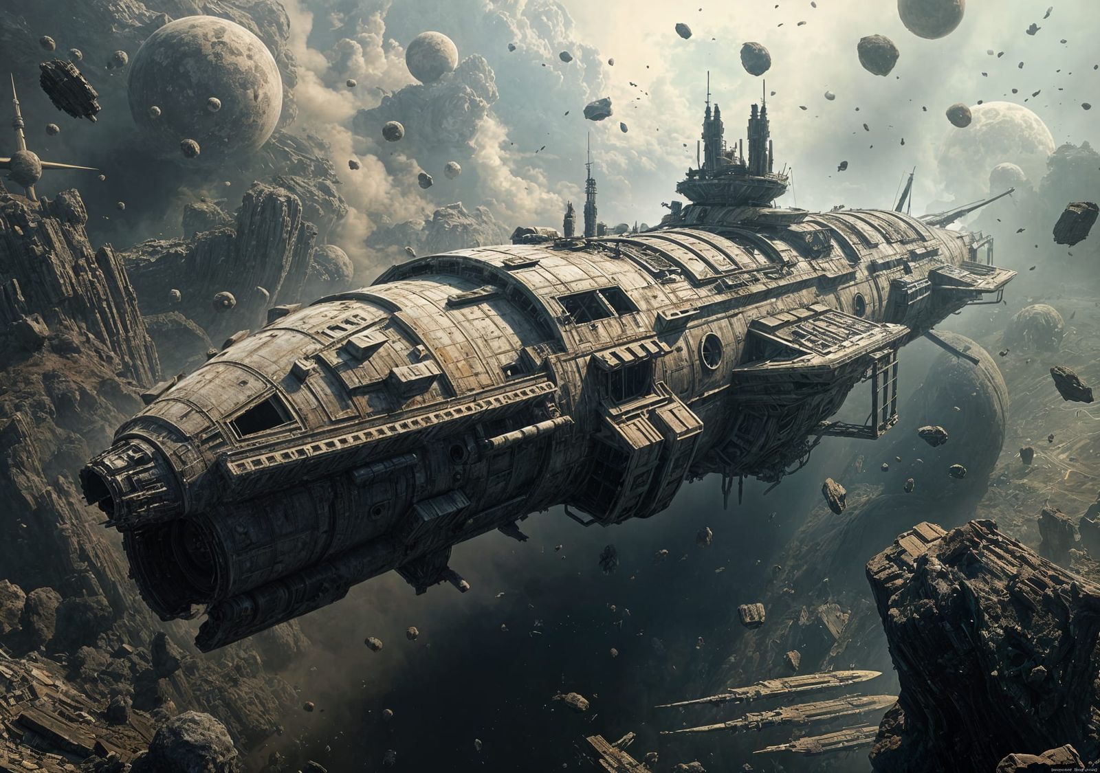 Derelict Dreadnought Starship in Debris Field