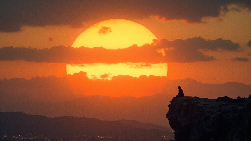 Giant Sunset Over Distant City, Grunge Neo-Gothic Style