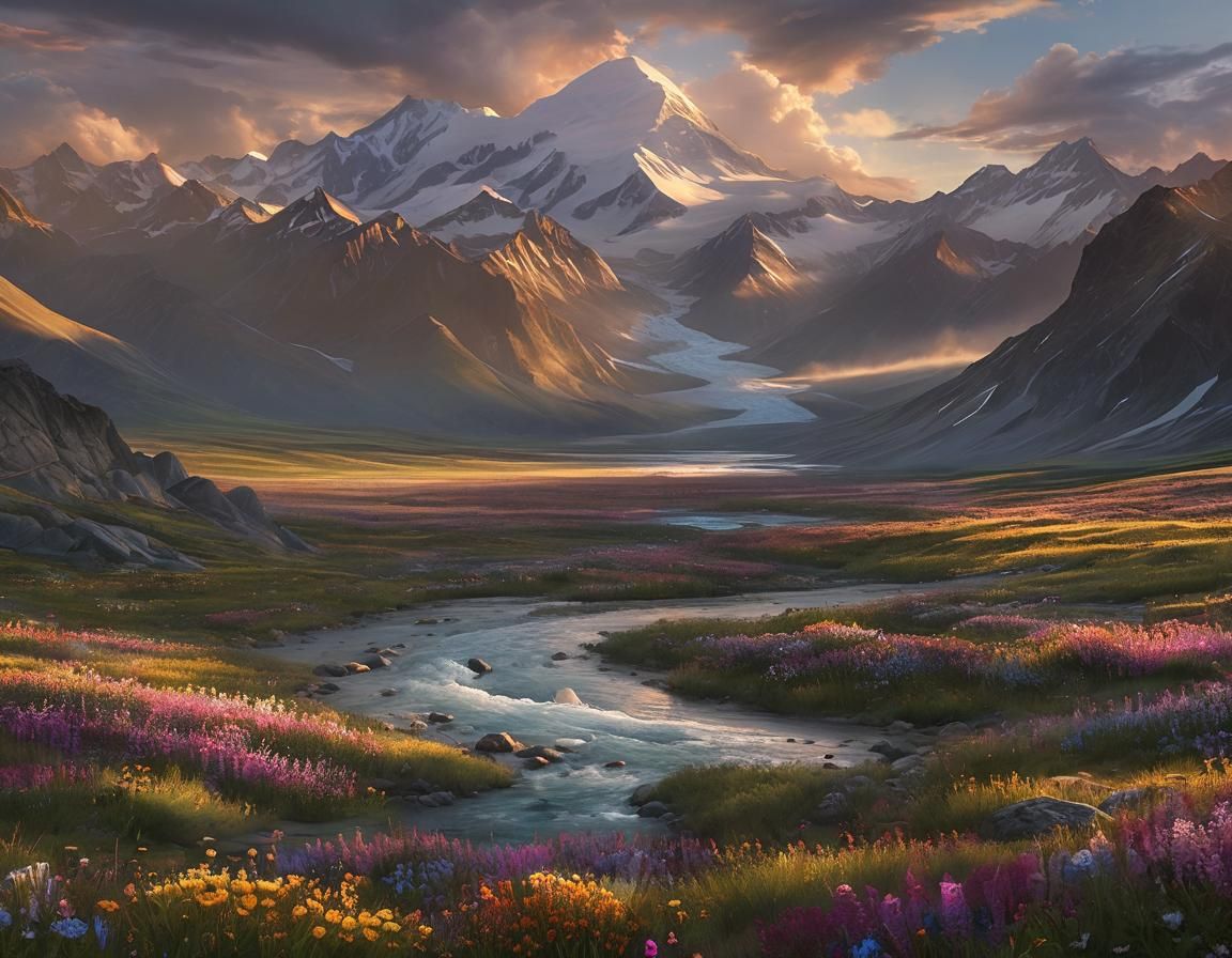 A breathtaking image of Denali National Park and Preserve in Alaska, featuring the majestic Denali mountain rising above...