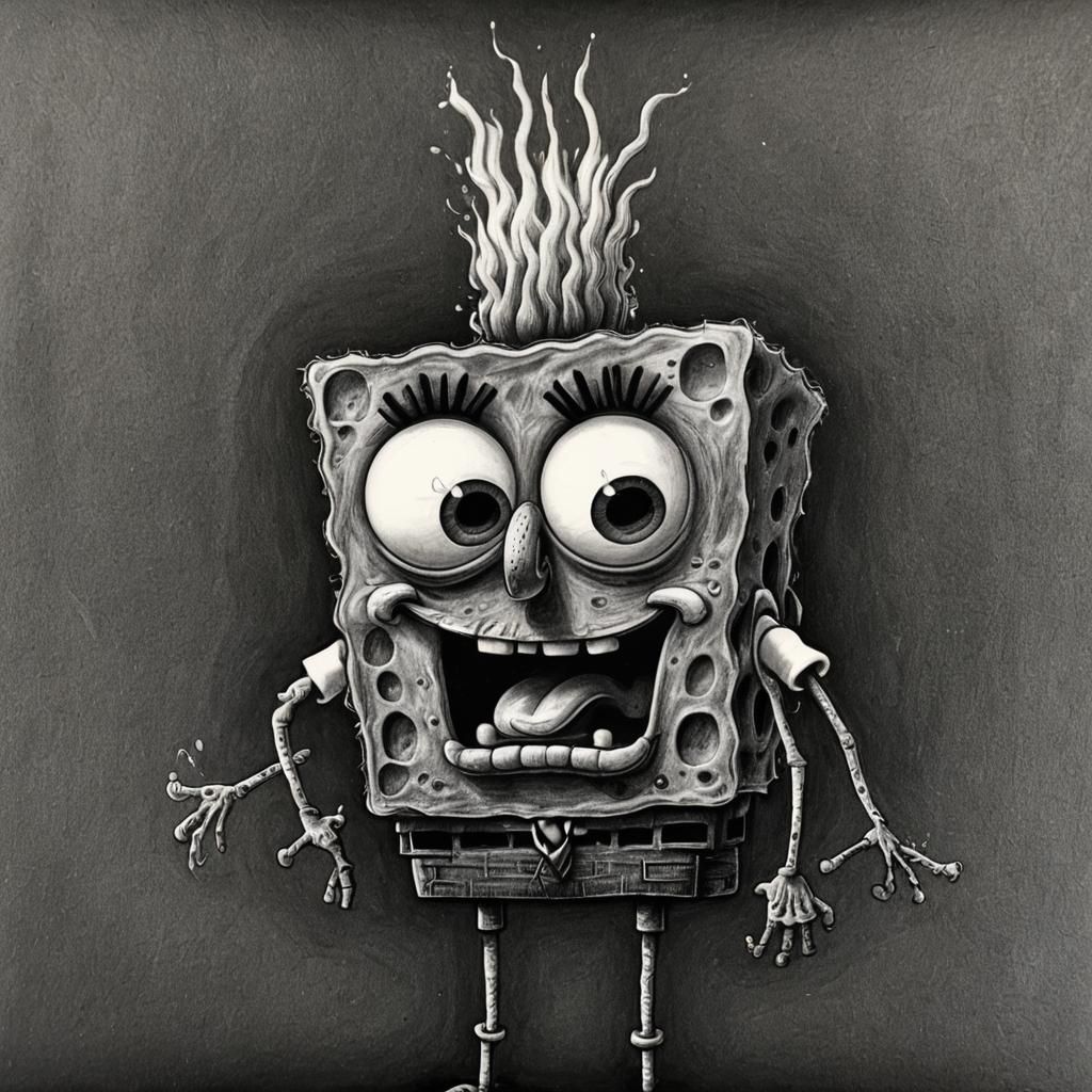 Depressed Spongebob: Hyperdetailed Charcoal Drawing