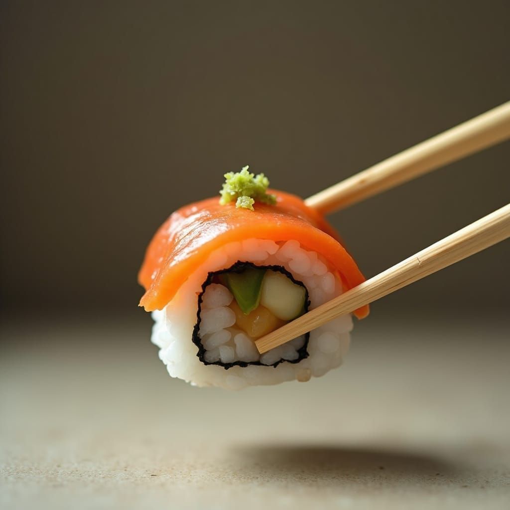 Sushi Roll Lifted by Chopsticks in Ukiyo-e Style