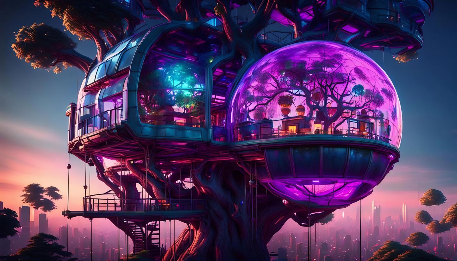 Futuristic Glass Globe Treehouse in Cyberpunk Style