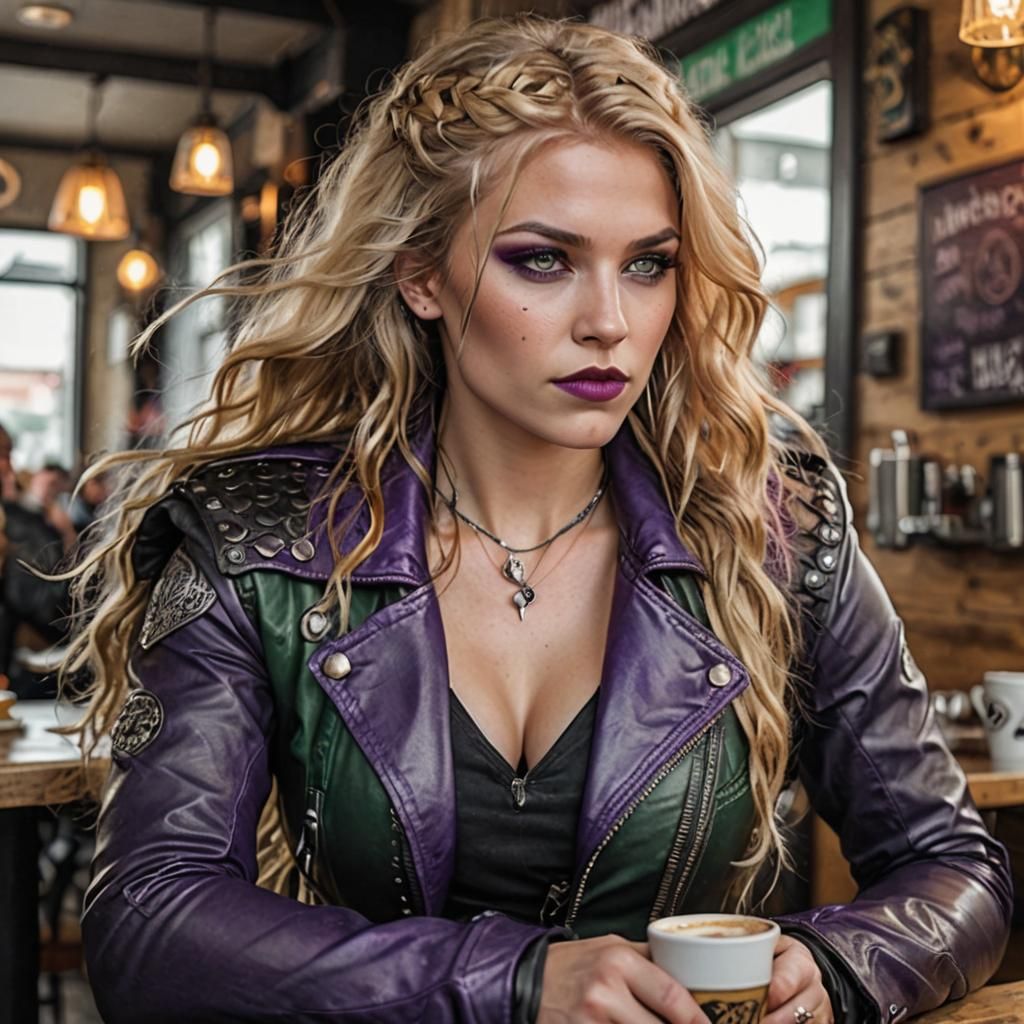 Valkyrie with Viking Features in a Cafe