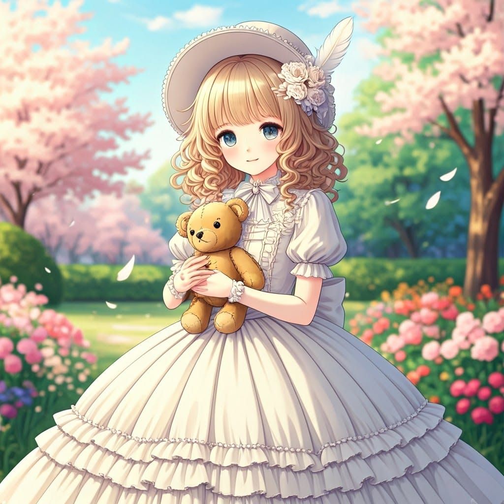 Gentle Anime Girl in Whimsical Garden