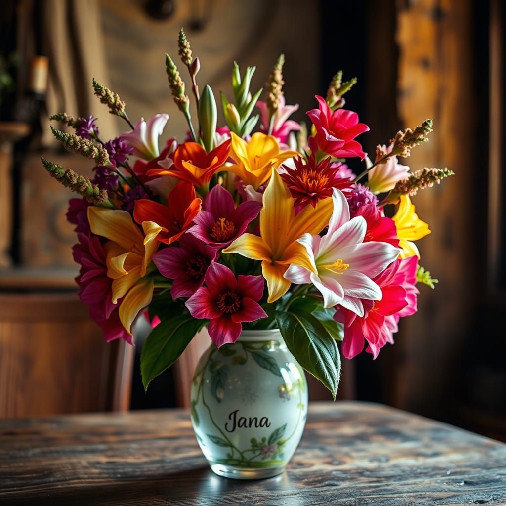 Vibrant Bouquet in Elegant Hand-Painted Vase with Discreet M...