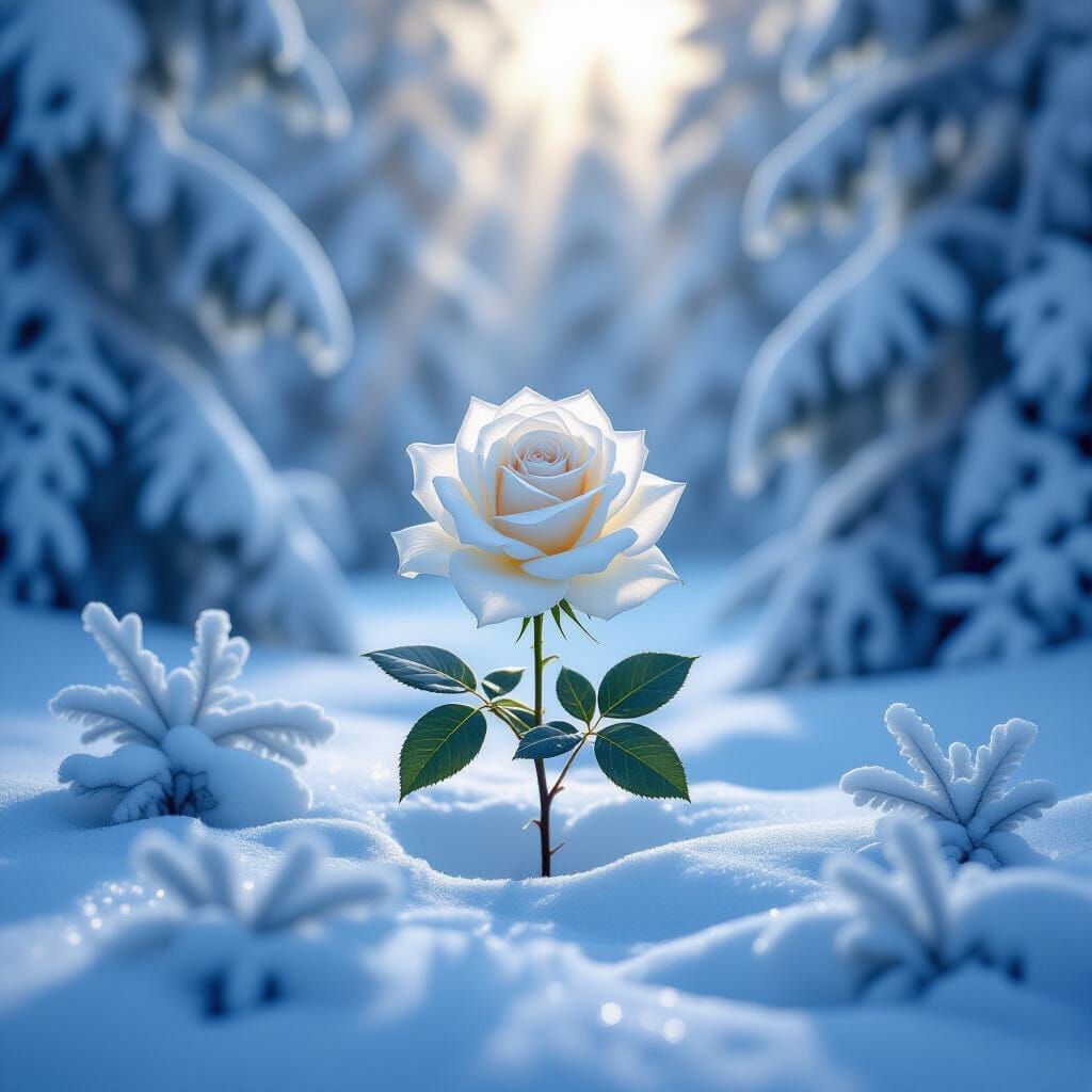 Icy White Rose in Snowy Forest Oil Painting