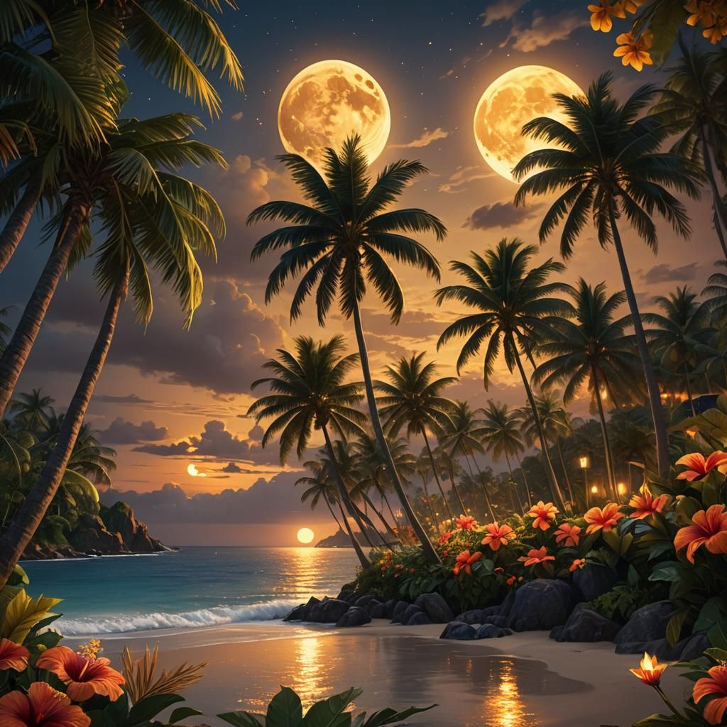 Tropical Hawaiian Party Under Golden Moon, Oil Painting