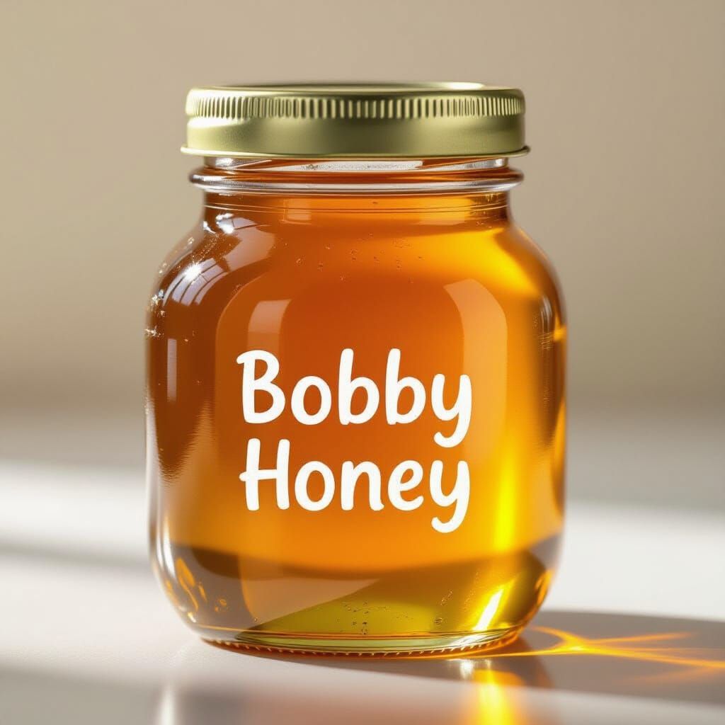 Hyperrealistic Golden Honey Jar with "Bobby Honey" Label