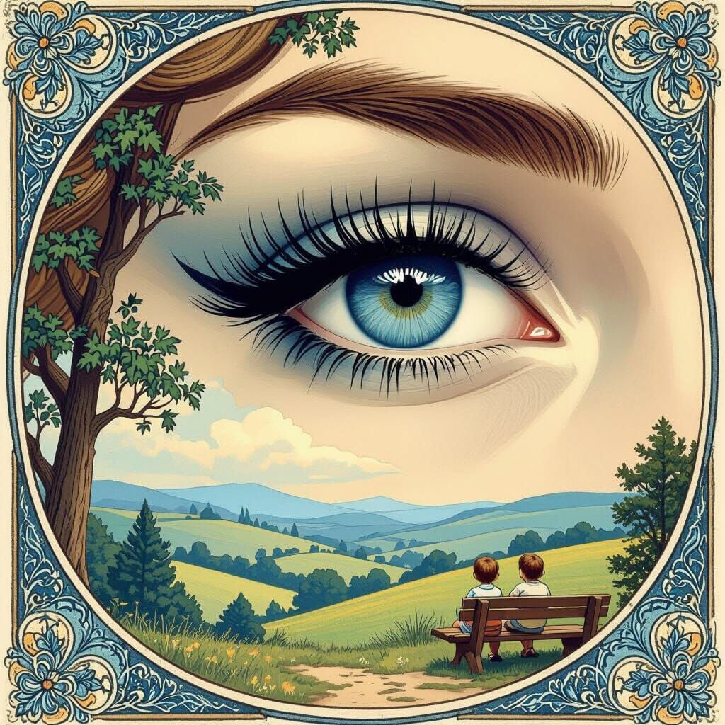 Blue-Gray Eye Amidst Nature, in Art Nouveau Style