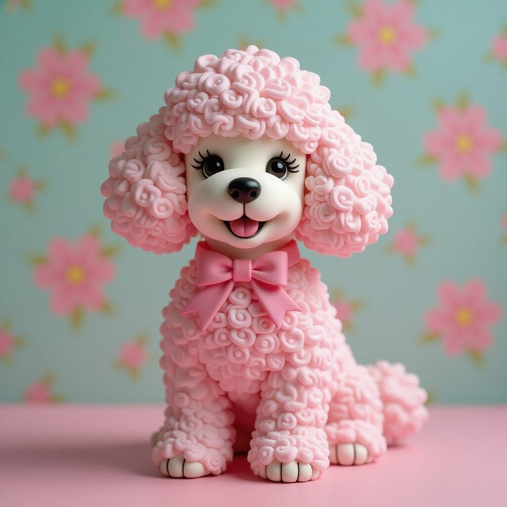 Pink Clay Poodle with Floral Background