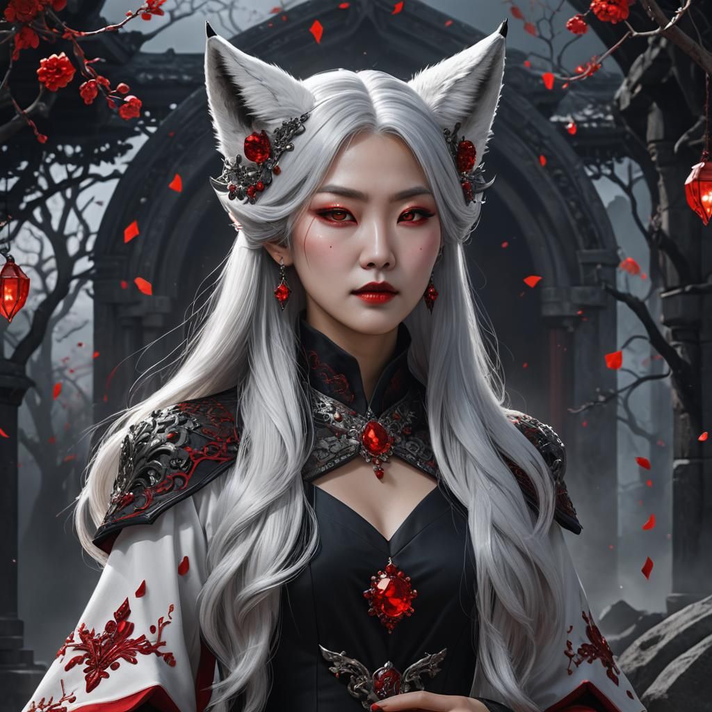 Korean Vampire Queen with Fox Ears in Digital Painting