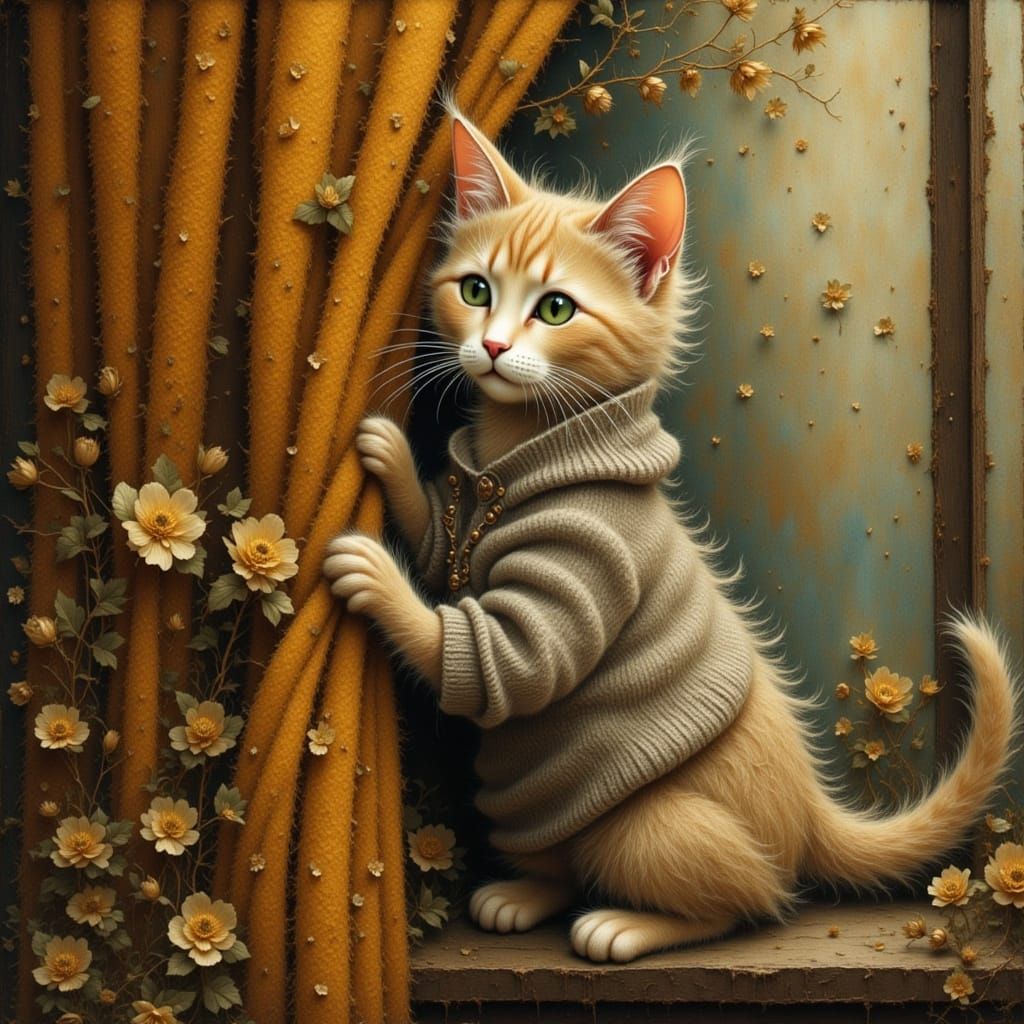 Kitten in Sweater Climbing Velvet Curtain, Children's Book S...