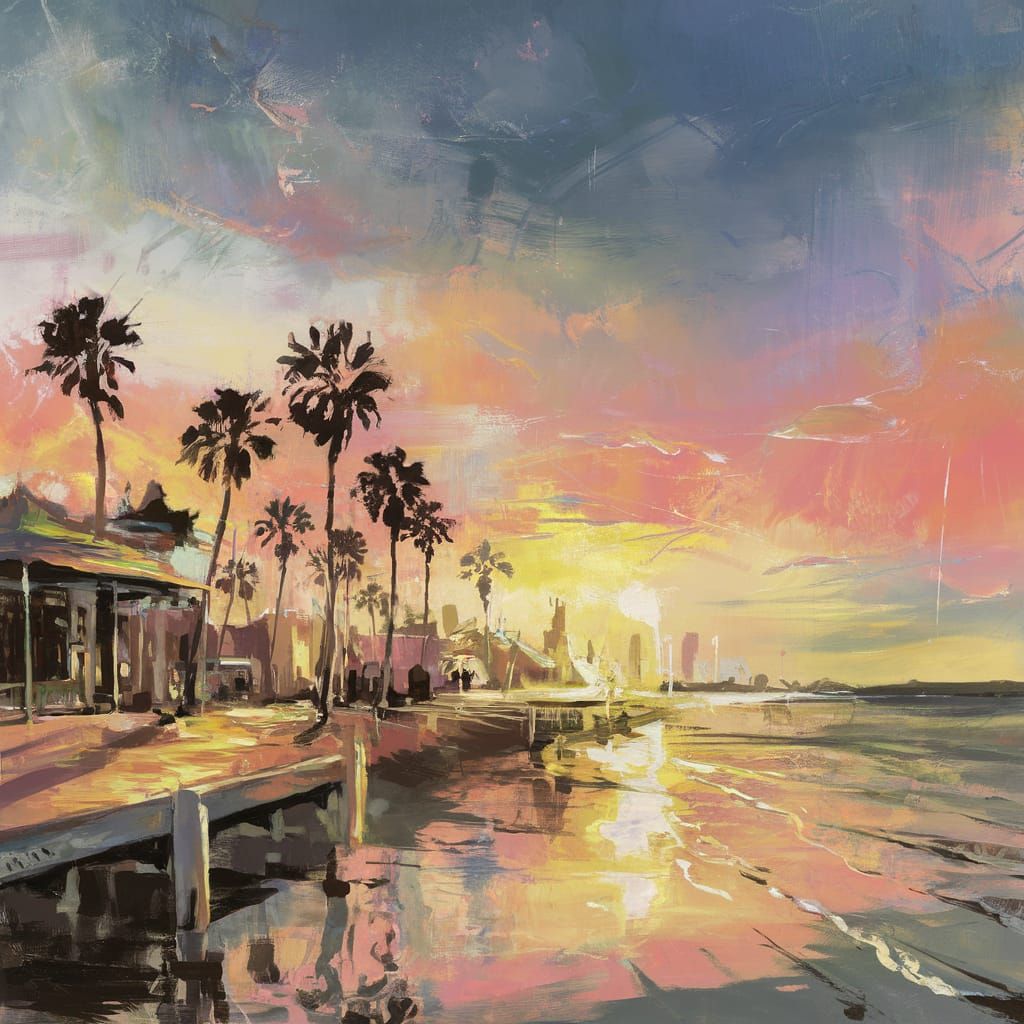 Surreal Sunset on a Futuristic Beachfront