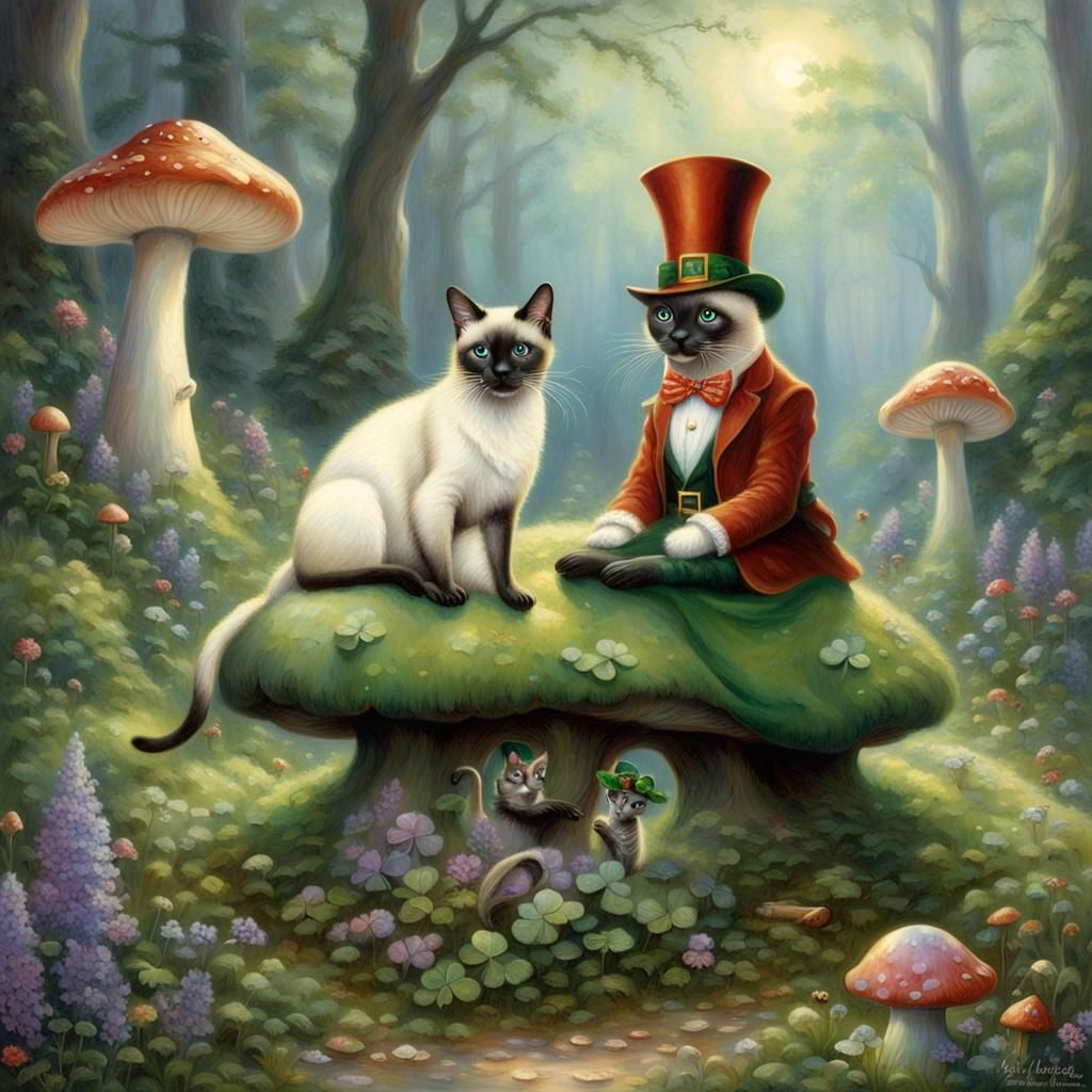 Siamese Cat and Leprechaun in Ethereal Fantasy Style