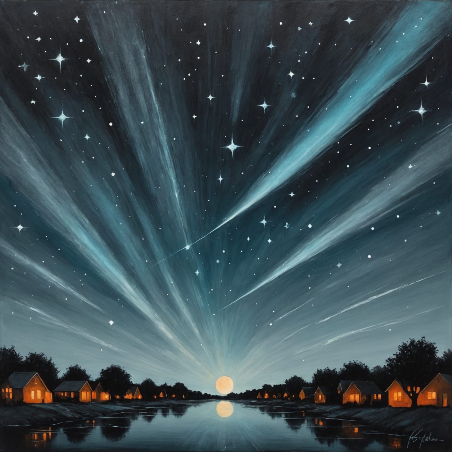 Monochromatic Night Sky with Glowing Stars as Impasto Drawin...