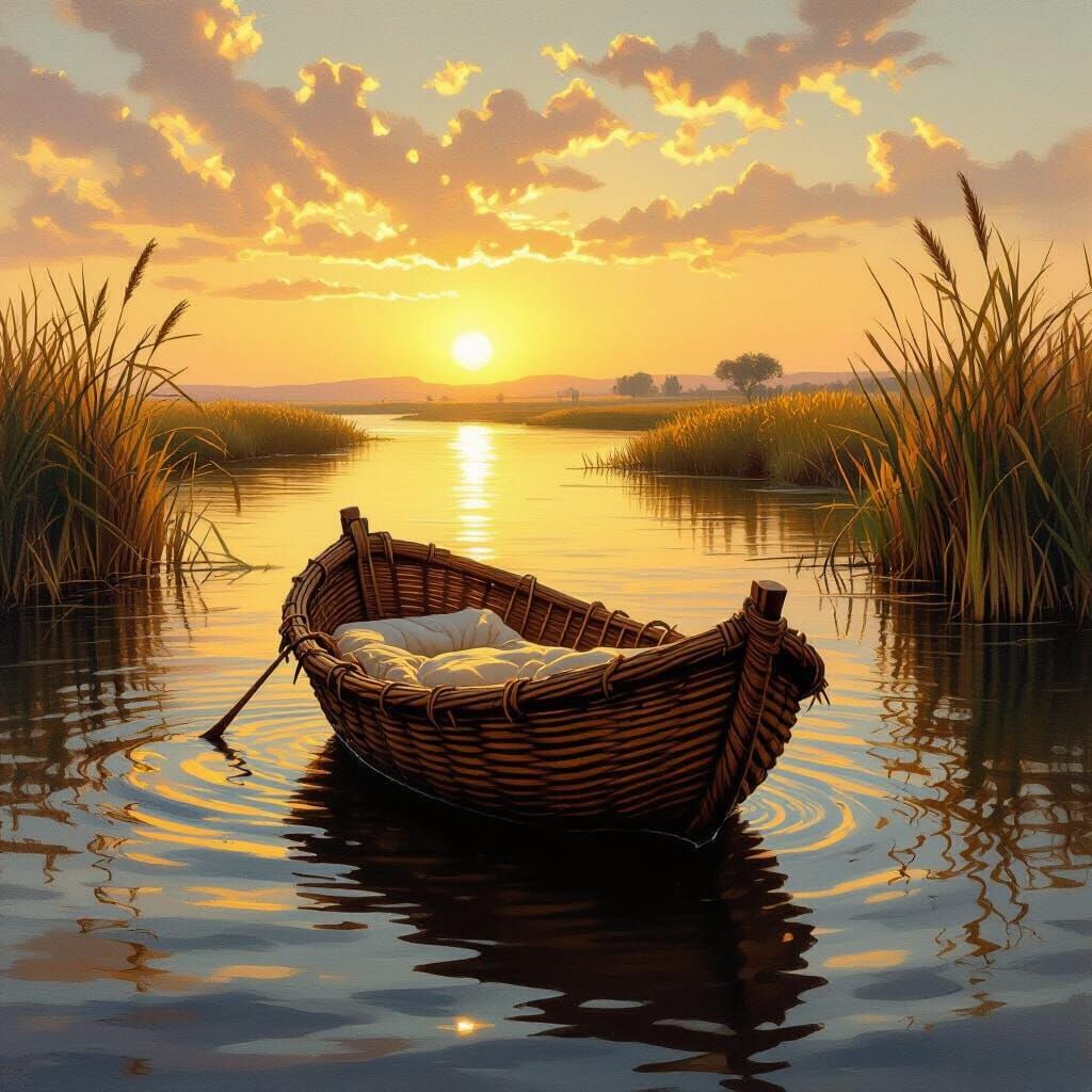 Baby Moses Cradle Floating on Nile at Dawn