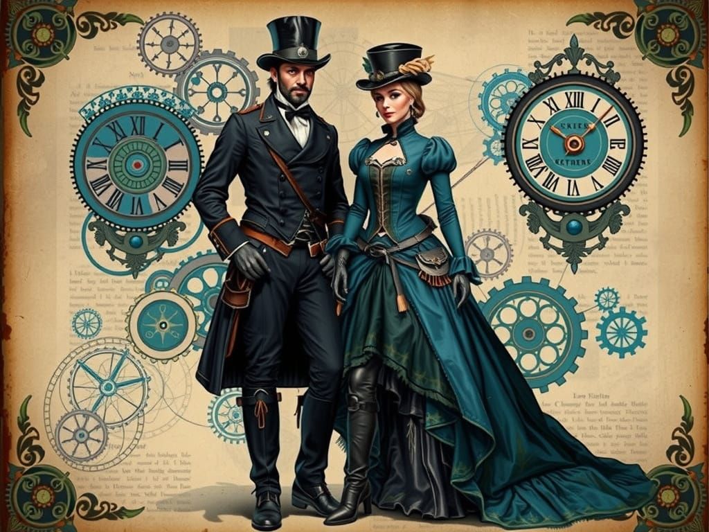Romantic Steampunk Couple in Midnight Attire with Vintage Bo...