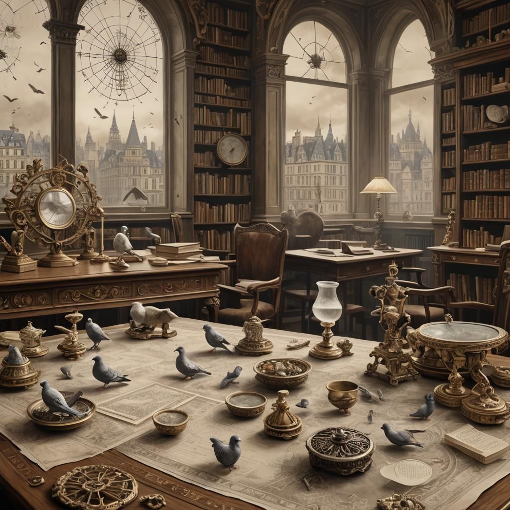 Steampunk Library with Pigeons and Paris Street View