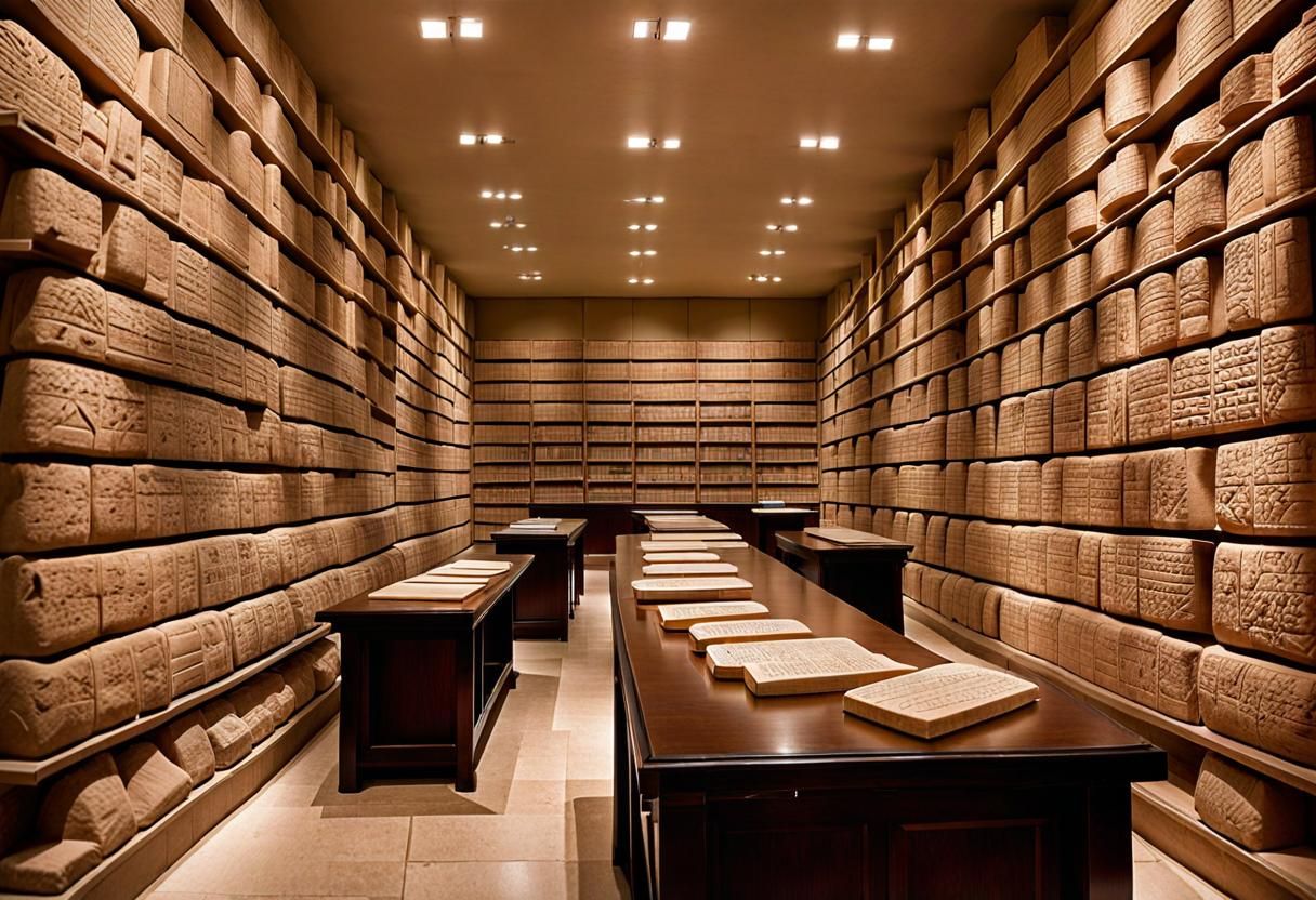 Assyrian Scholars Studying Cuneiform Tablets in Library