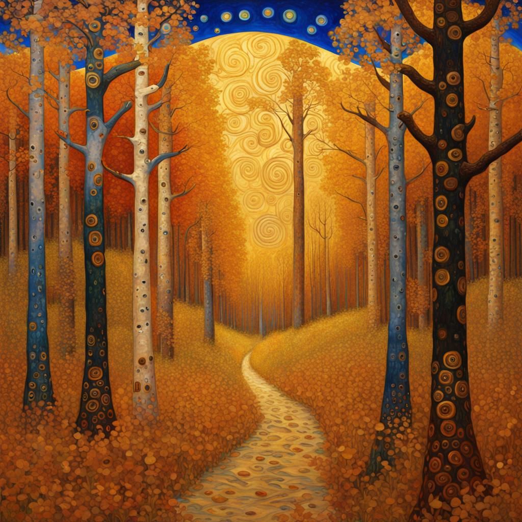 Golden Autumn Forest Landscape in Art Deco Style