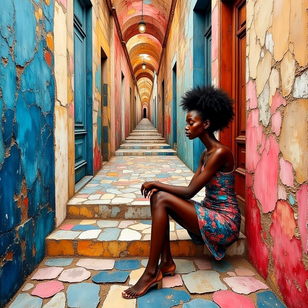 Colorful Hallway Portrait in Impasto Watercolor Style