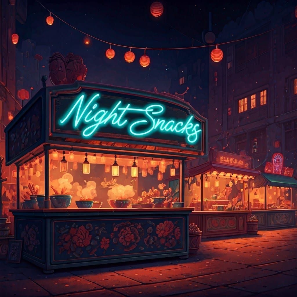 Glowing Night Market Scene with Vibrant Street Food and Neon...