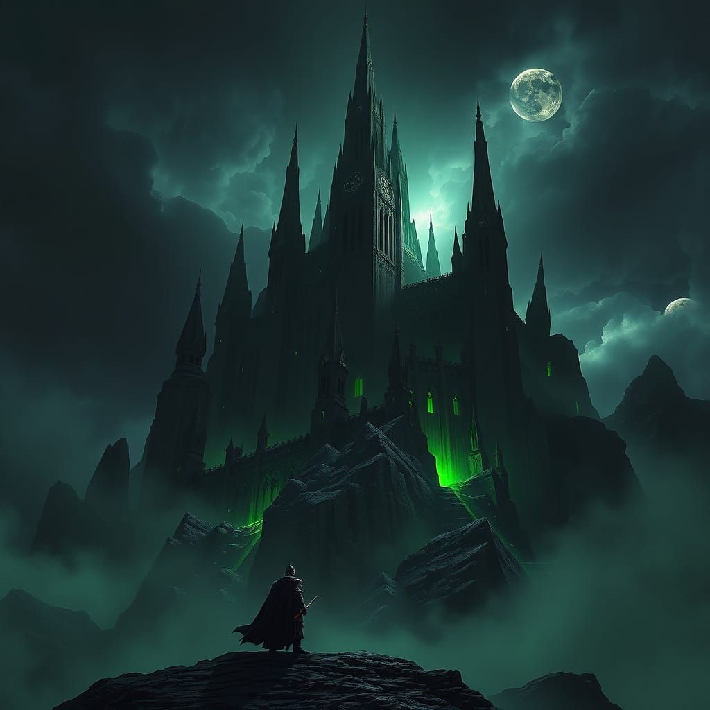 Lone Knight Before Obsidian Fortress in Stormy Twilight