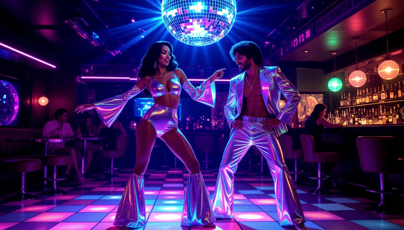 Futuristic Woman Dances in Holographic 1970s Disco Attire