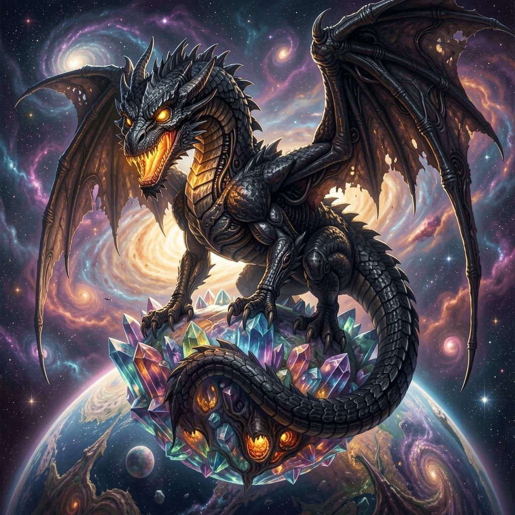 Ancient Dragon on Crystalline Planetoid Amidst Cosmic Nebula...
